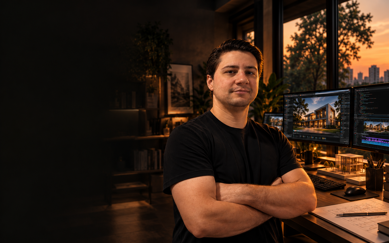 Augusto Furtado de braços cruzados em uma composição de estúdio criativo com arquitetura, design e tecnologia